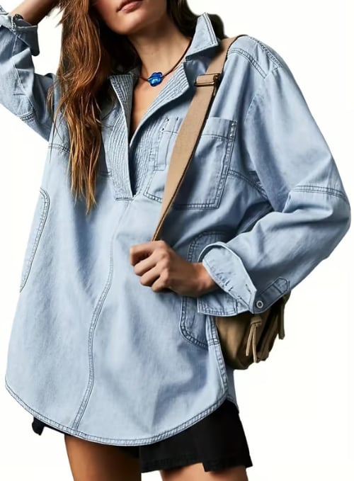 ๐ Chic & Comfy Denim Pullover โ Button V-Neck + Pockets for Everyday Style! ๐โจ