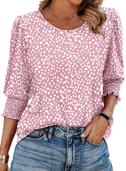 Women Dressy Casual 3/4 Length Sleeve Blouses with Smocked Cuffs