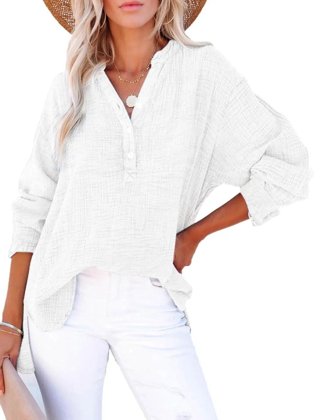 🔥Womens Casual Button V Neck Long Sleeve Shirts Oversized Solid Blouses Tops