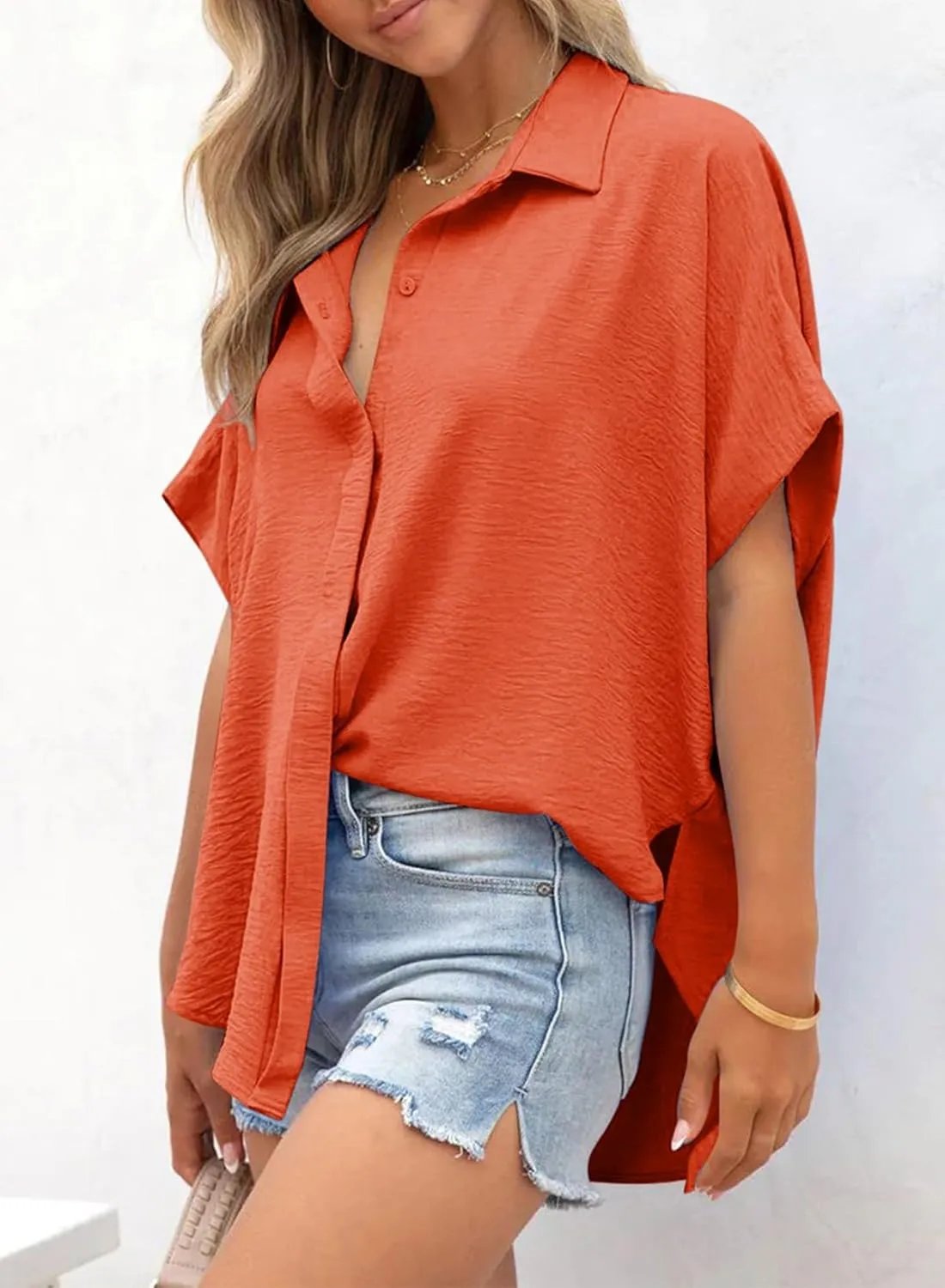 🧥Women's Casual Button Short Sleeve Slit Hem Shirt Solid Color Tops