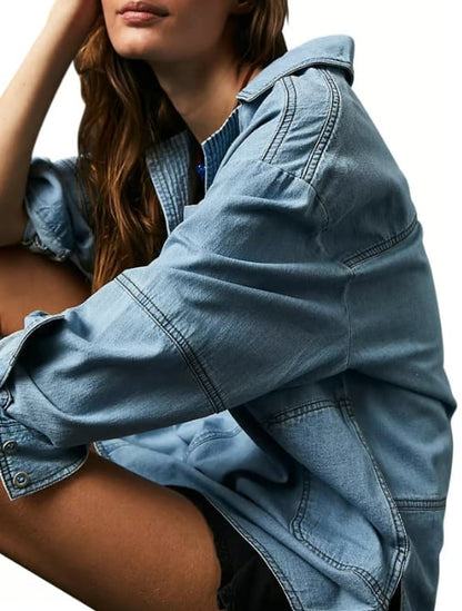 👖 Chic & Comfy Denim Pullover – Button V-Neck + Pockets for Everyday Style! 💙✨