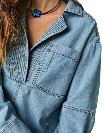 👖 Chic & Comfy Denim Pullover – Button V-Neck + Pockets for Everyday Style! 💙✨