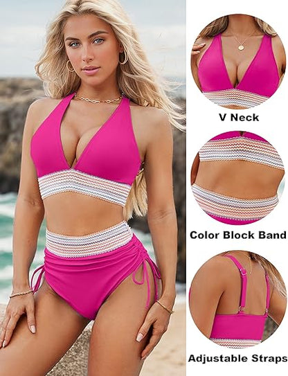 ⏳2025 High Waisted Tummy Control Color Block Bikini Sets