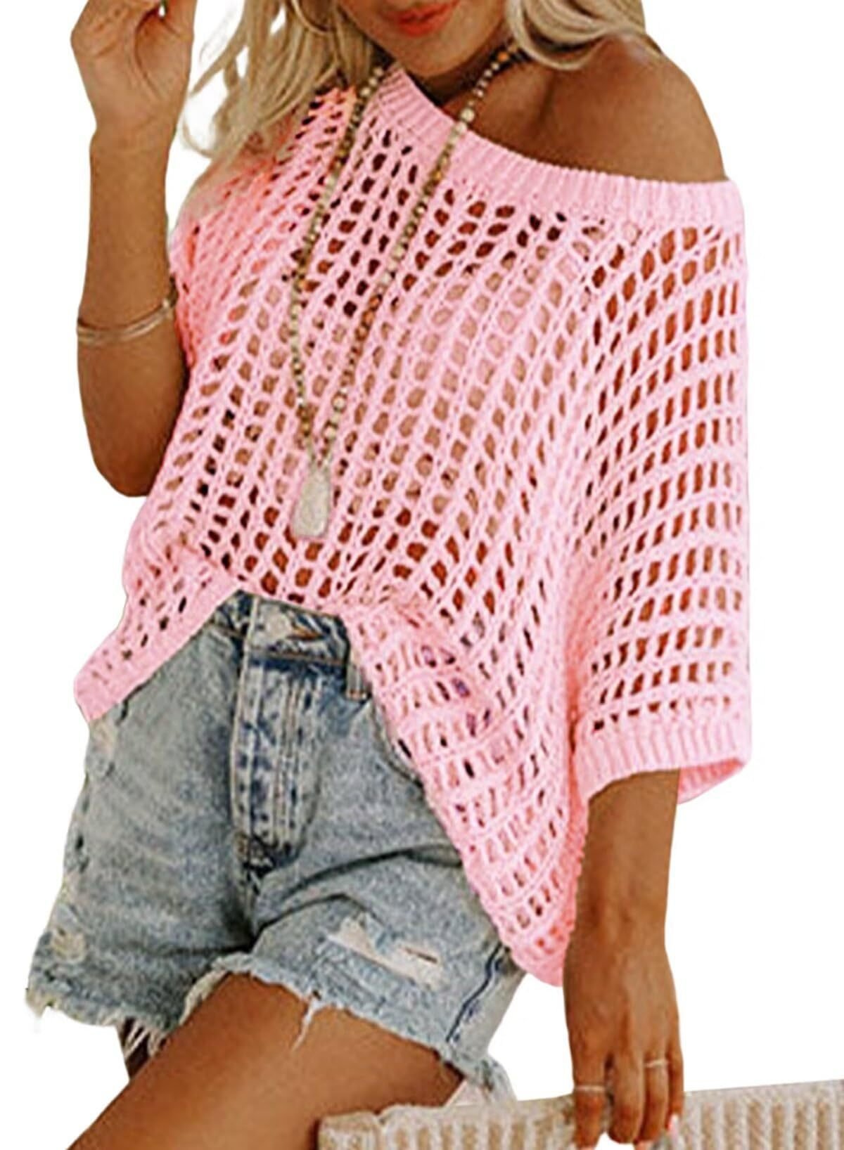 🎁2025 New Hot Sale- Womens Summer Scoop Neck Short Sleeve Sweater Casual Crochet Hollow Out Knit Tops Pullover Shirts Beach Coverup