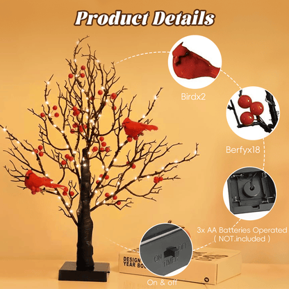 ✨Piece Set of Vintage Glowing Tree with Cardinals, Berries
