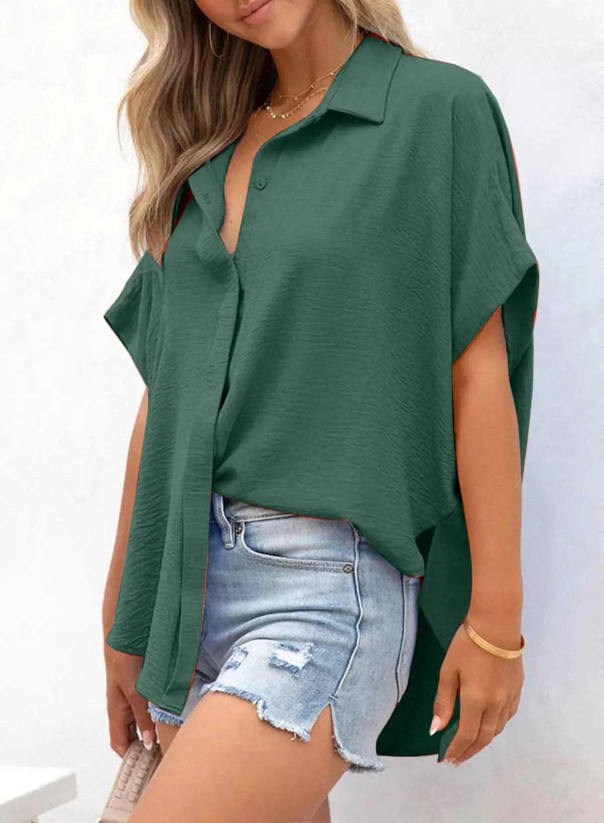 🧥Women's Casual Button Short Sleeve Slit Hem Shirt Solid Color Tops